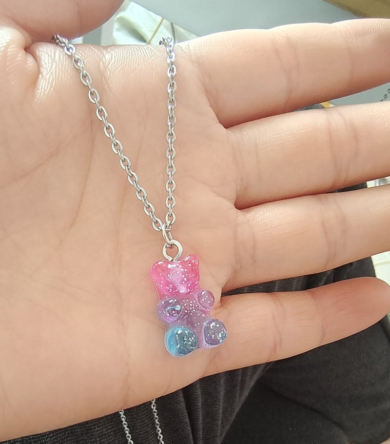 RUIZHEN Mix Multi-color Resin Gummy Bear Pendant Necklace Stainless Steel Chain(rose red) - Image 4